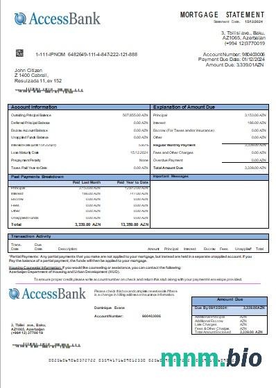 Azerbejdżan Access Bank wyciąg z kredytu hipotecznego szablon Word i PDF